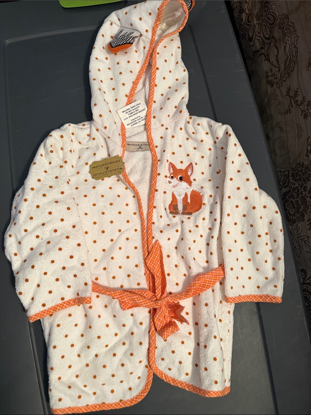 Kids White & Orange Polka Dot Hooded Bathrobe with Fox Applique